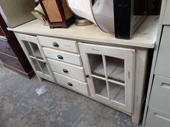 Distressed Cream Wood Sideboard with Glass Doors