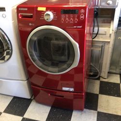 #170 Used Red Samsung Front Load Washer With Pedestal 