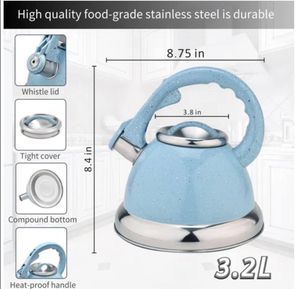 Sky Blue ARC 3.2 Quarts Stainless Steel Whistling Stovetop Tea Kettle  High quality}: This tea kettle is made of professional anti-rust coating and st