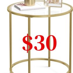 Round Side Table, Glass End Table with Metal Frame, Gold Coffee Table with Modern Style