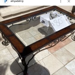 Leather, Glass and Mild Steel Coffee Table 