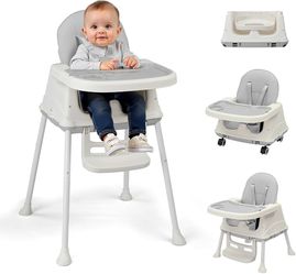6-in-1 Baby High Chair, Portable Convertible Highchair, Grey High Chairs Included 5-Point Safety Harness, Removable Dual-Layer Tray, Locking Wheels,