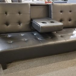Brand New 79" x 44" Black Faux Leather Sofa Futon With Cup Holder