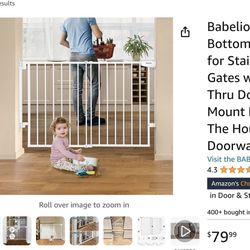 Brand New Babelio 29.7-46.5" No Bottom Bar Baby Gate for Stairs, Safety Pet Gates with Large Walk Thru Door, Hardware Mount Dog Gate for The House and