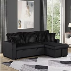 S8670 Nori Black Sectional Sofa Bed w/ Chaise Lounge & Hidden Storage – Modern Sleeper Couch for Guests