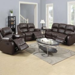 Brown Leather Fully Reclining Three Piece Couch Set
