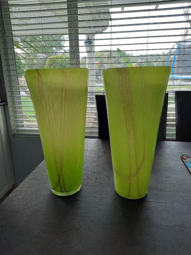 2 LIME GREEN VASES