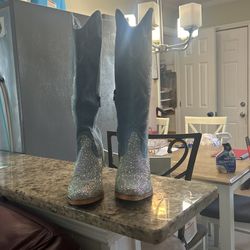 Blue Boots With Gems Outside