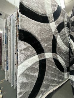 Gray Black Shaggy Area Rug Abstract Design