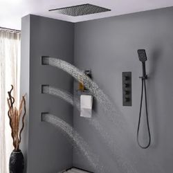 Thermostatic Black Shower System with Hand Shower and 3 Body Jets 