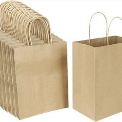 100 Pack 8x4.75x10 Inch Medium Brown Kraft Paper Bags with Handles Bulk for Wedding Birthday Party Favors Grocery Retail Shopping Business Goody Craft
