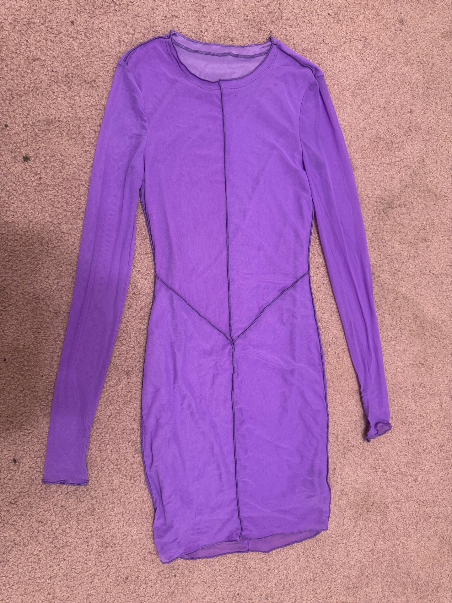 New Small purple dress short mesh sheer long sleeve mini