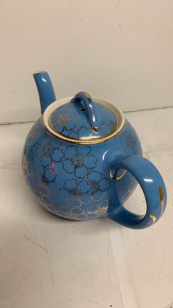 Vintage Hall Blue -Gold Floral Ceramic teapot Made in the USA. This Teapot was never used stored in a display case