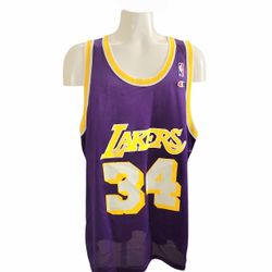 NBA LOS ANGELES LAKERS BASKETBALL SHIRT JERSEY CHAMPION #34 SHAQUILLE O'NEAL VTG Rare 90s SZ 52 Team Apperal NBA number 32 Professional Championship C
