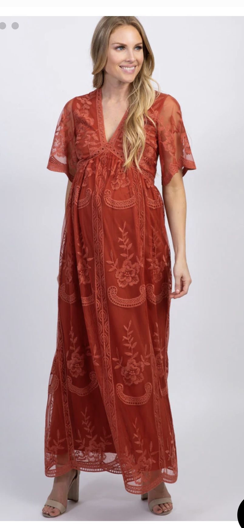 PinkBlush Rust Lace Mesh Overlay Maternity Maxi Dress