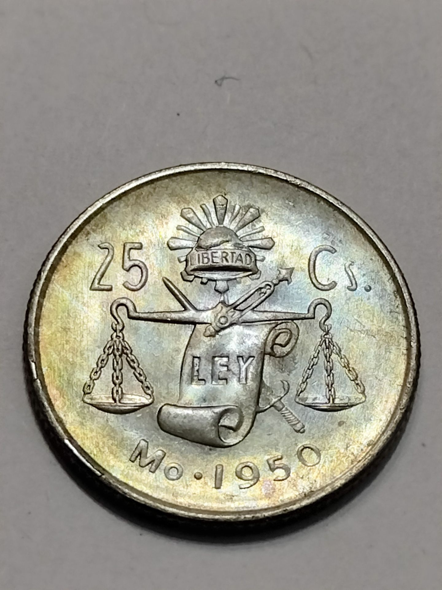 1950 Mexico Silver 25 Centavos Coin / Moneda De Plata Balanza 1950