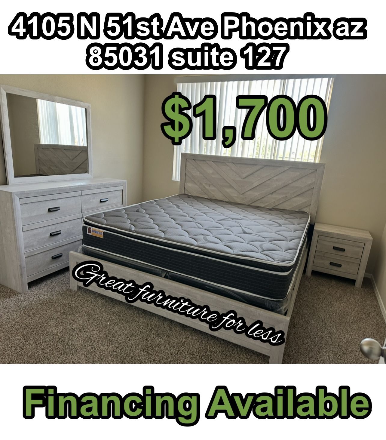 King Size Bedroom Set Include Bed Frame Dresser Mirror Nigstand Pillow Top Mattress And Boxspring Brand New