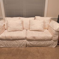 Ethan Allen Ivory Damask Skirted Loveseat