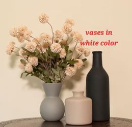 3x White Vases with Fake Flowers in Vase for Centerpieces, Faux Flowers in Modern Ceramic Vase Set of 3 with 8 Artificial Autumn Chrysanthemums Artifi