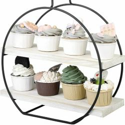 MyGift 2-Tier Cupcake Display Stand with Whitewashed Wood Shelves and Black Metal Round Frame, Dessert and Pastry Serving Rack

