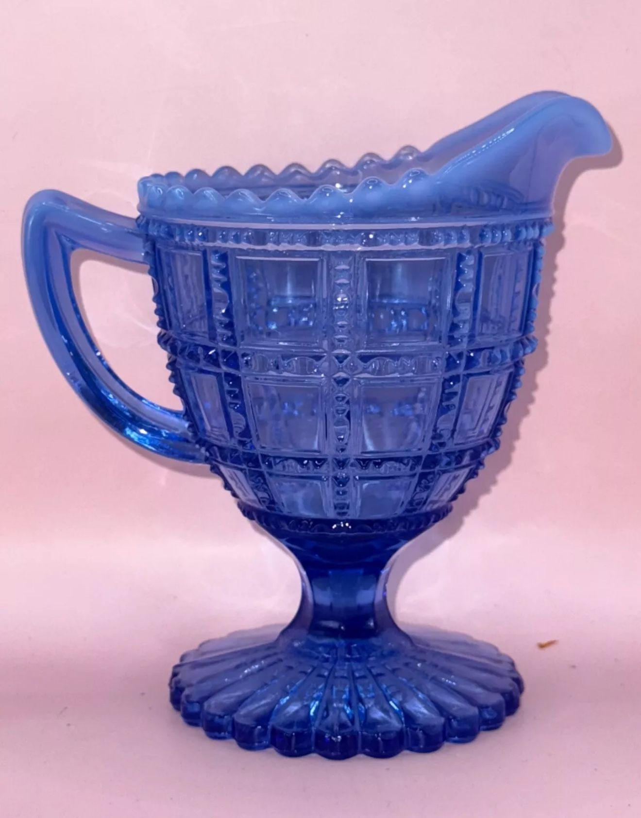 Imperial Glass Beaded Block Pattern Blue Creamer 355B