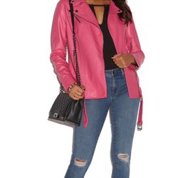 Punch Pink Faux Leather Long Biker Jacket