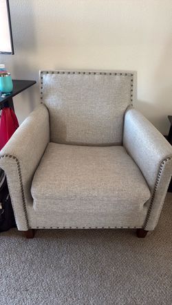 Light Grey Upholstered Accent Chair with Nailhead Trim