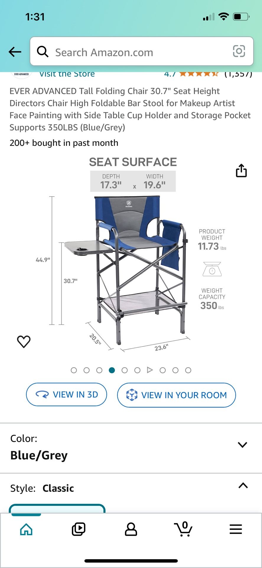 EVER ADVANCED Tall Folding Chair 30.7" Seat Height Directors Chair High Foldable Bar Stool for Makeup Artist Face Painting with Side Table Cup Holder