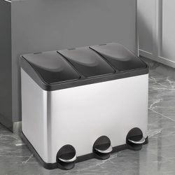 Magshion 3 Compartment Trash Can with Lid for Kitchen Bathroom Bedroom, Foot Pedal Trash Can, Stainless Steel Trash Can, 4 Gallon Each