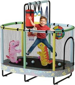 55" 7-in-1 Round Trampoline for Kids Boys & Girls Ages 1-8, Indoor & Outdoor Trampoline for Fun, Adjustable Height Handrail ＆ Enclosed Safety Net ＆ Du