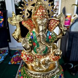 Vintage Ganesha Statue Beautifully Embellish In Stones Known As God Of New Beginnings Wisdom And Longevity Metal  12" Tall