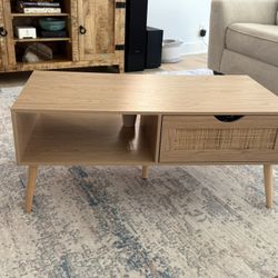 Coffee Table with Storage, Boho Rattan Coffee Table with Drawer & Solid Wood Legs