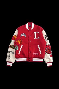 Size L - Civil Regime Flames V2 Varsity Jacket in Butter/Red
