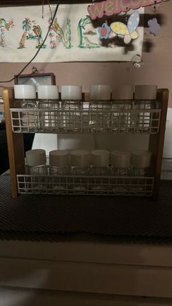Vintage Wood & Wire Spice Rack With Jars