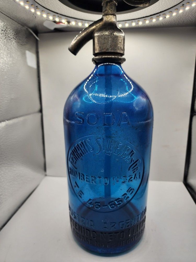 ANTIQUE From Argentina Colbalt Blue Glass Soda Seltzer Spritzer Bottle 12" Tall