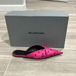 balenciaga knife mules Crepe Satin Printed BB Neon Pink Black Flats