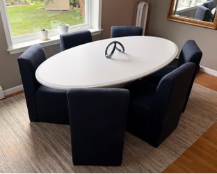 Oval White Dining Table with 6 Navy Chairs
