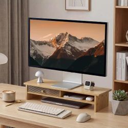 Bamboo Monitor Stand Riser with Storage & Sliding Door