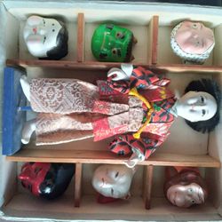 1960's Vintage Japanese Doll With 6 Masks In Original Wood Box