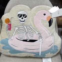 Summerween Skeleton Flamingo Pillow