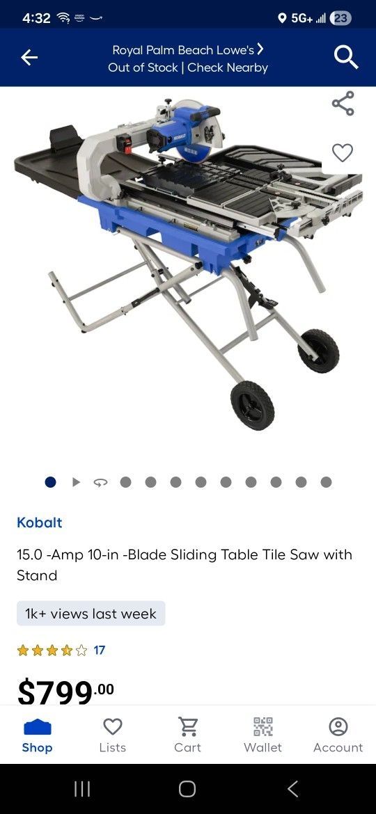 Colbalt 15.0 -AMP 10in Blade Sliding Table Tile Saw with Stand 