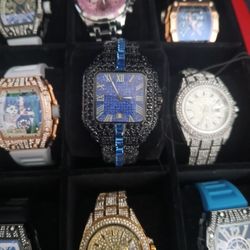 Iced Out Square Face Watch Blue and Black