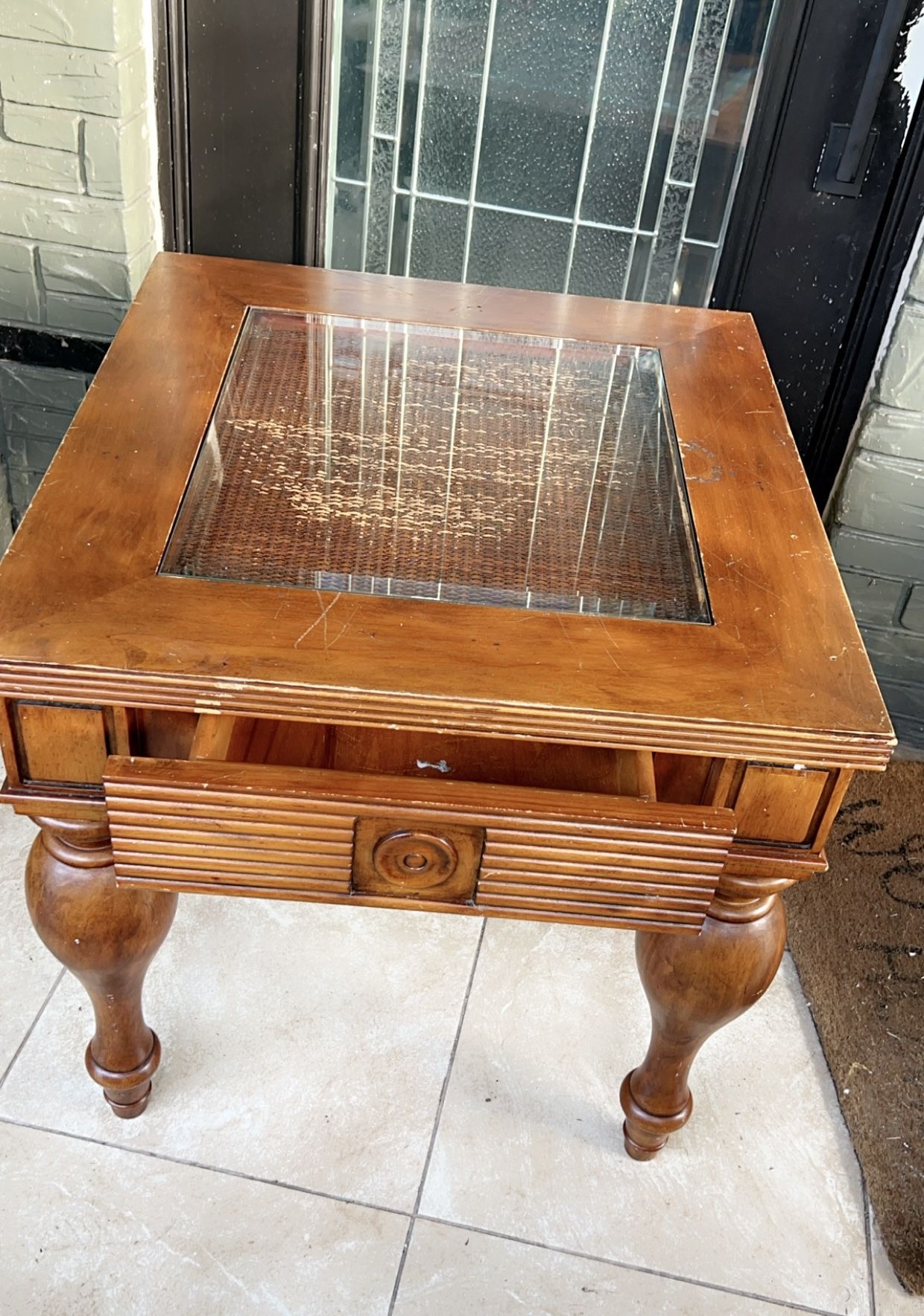 Antique. Elegant Wooden Table with Glass Top & Drawer