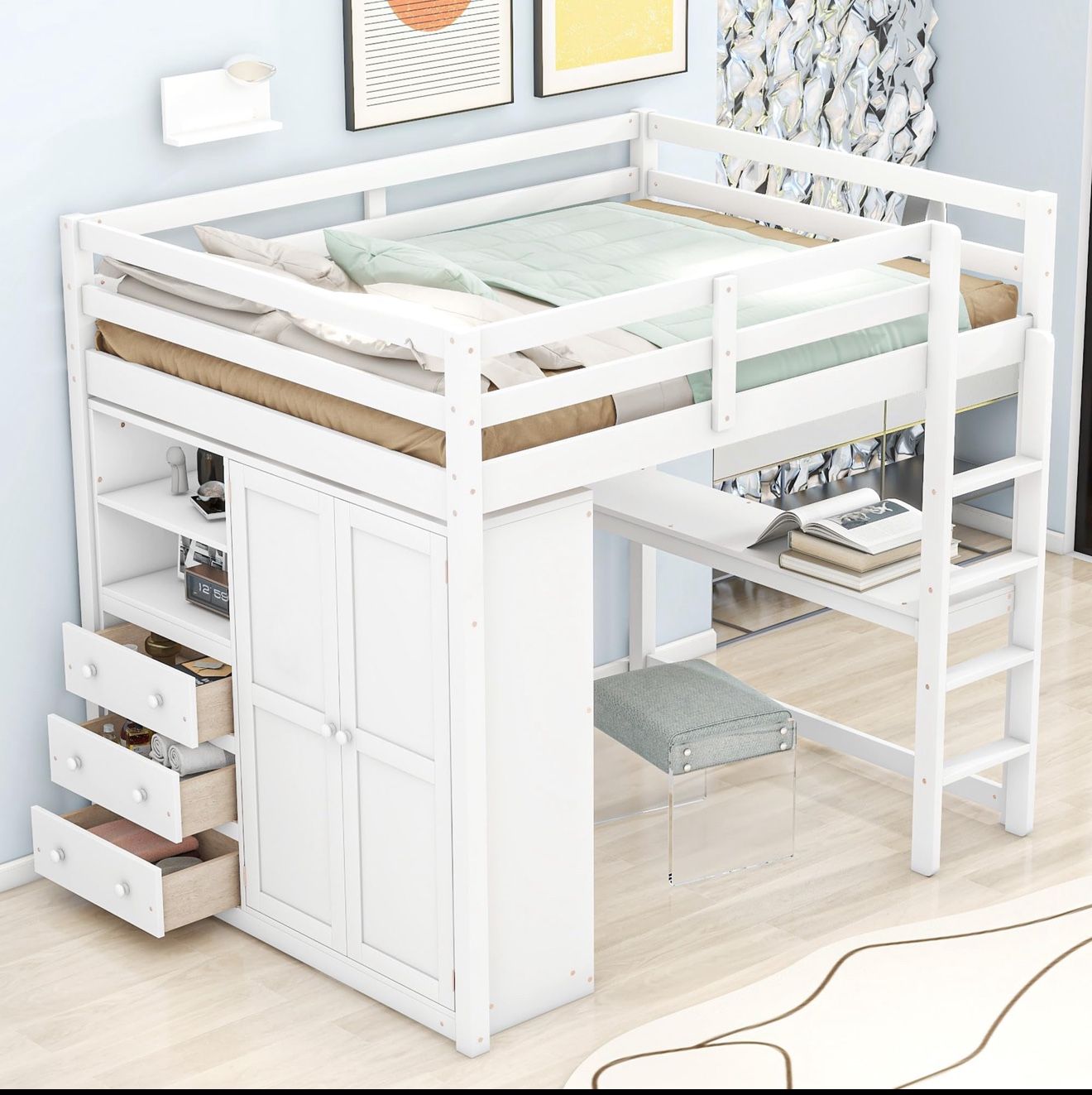 Wood Full Size Loft Bed with Built-in Desk and Wardrobe, 2 Shelves and 3 Storage Drawers, Wooden Loft Bed Frame with Ladder for Kids Teens, Whit
