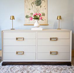 Vintage Mid Century Modern Taupe Mahogany Long Dresser Credenza by Red Lion