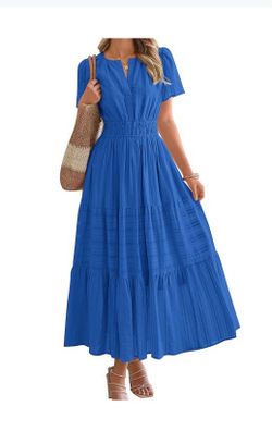 NWOT Women's Blue Short Sleeve Smocked Waist Lined Tiered Maxi Dress Size M