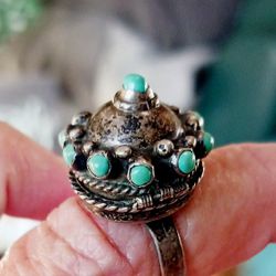 Antique Vintage Pre - 1940s Turquoise Sterling Poison Ring