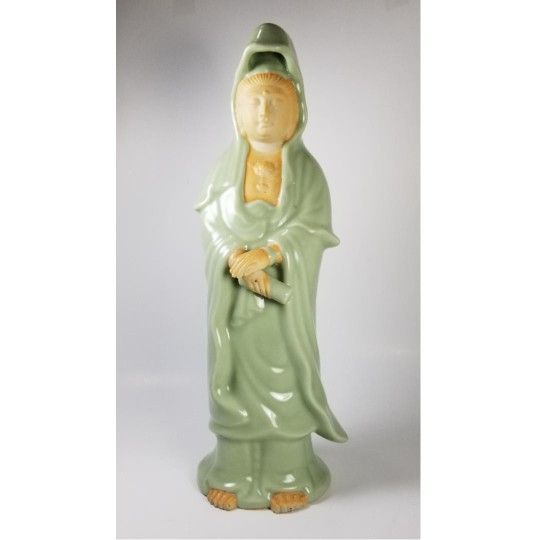 Celedon Kwan Guan Yin Goddess Buddah Statue Chinese Pottery Green Porcelain Lady