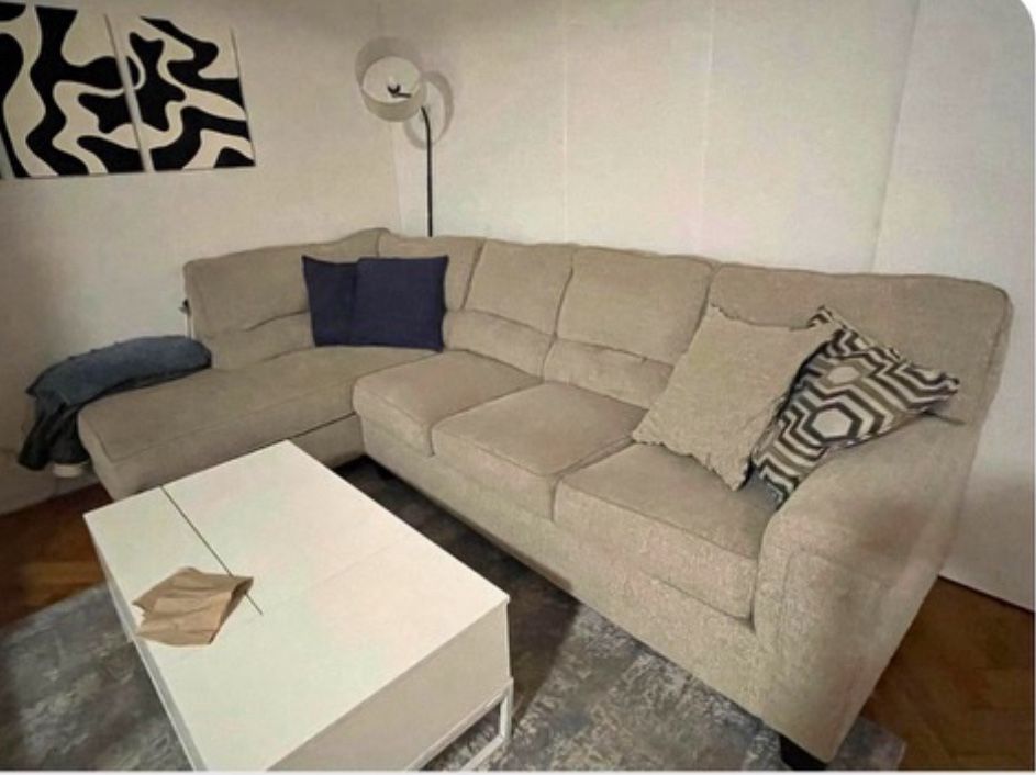 Beige Sectional Couch + White Coffee Table – Great Condition