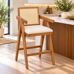 Modern Wood Barstool with Rattan Cane Back -2 Pieces.